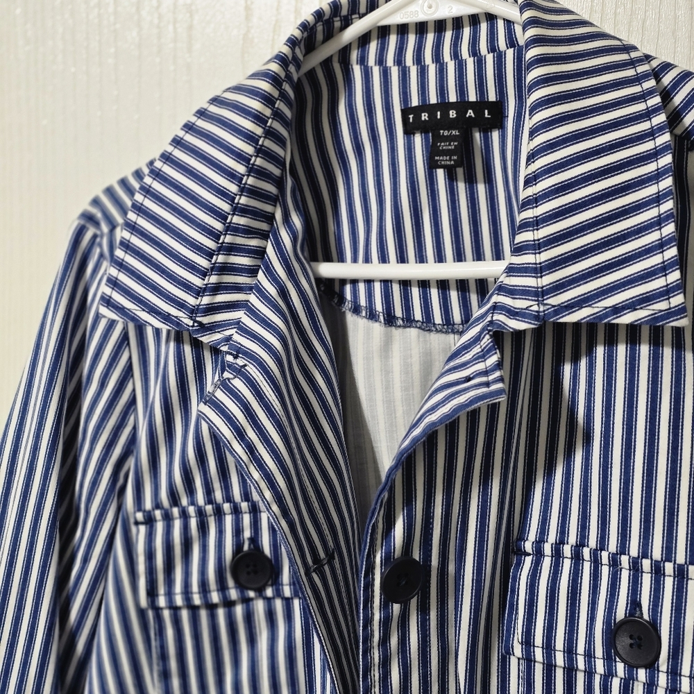 Tribal XL Striped Blue & White Button-Up Jacket, Cuffed Sleeve, Two Front Pocket - Picture 5 of 11